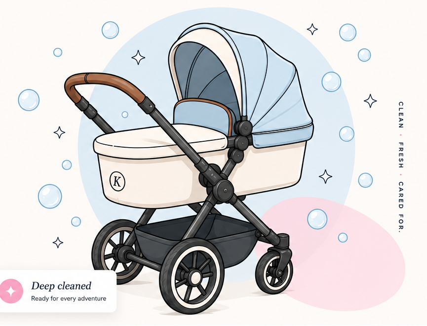 Cartoon pram surrounded by bubbles